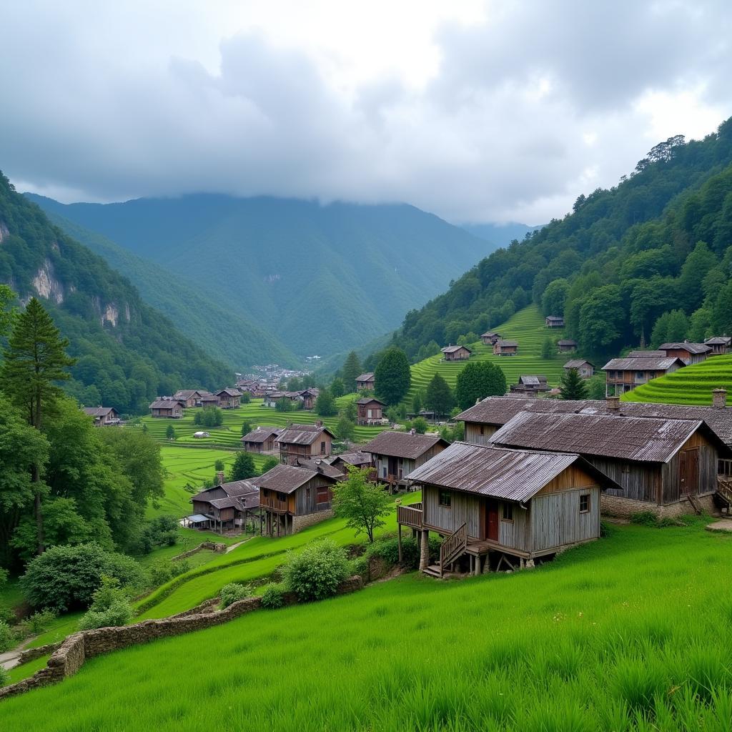 Bản làng dân tộc thiểu số nằm giữa thung lũng xanh tươi ở Tây Bắc, Việt Nam. Những ngôi nhà sàn truyền thống nép mình bên sườn núi.