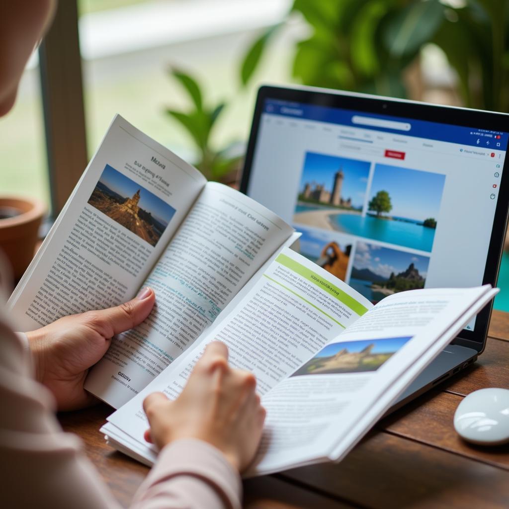 A person looking at travel brochures and researching travel agencies online.