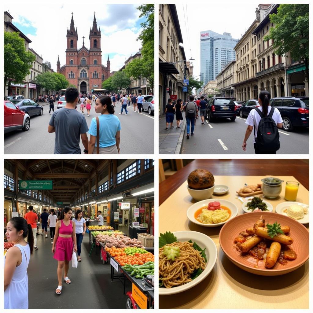 Tourists enjoying various activities in Ho Chi Minh City, from visiting historical landmarks to exploring vibrant street markets.