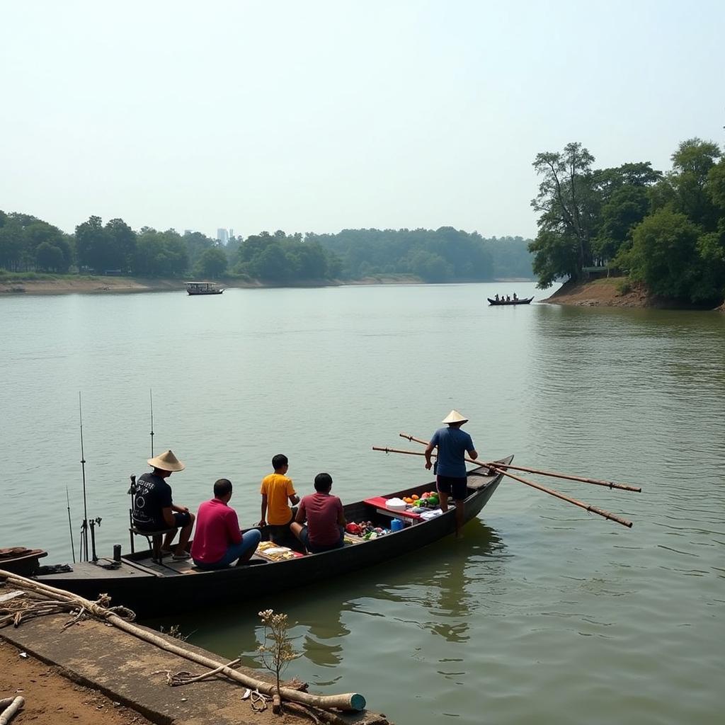 Du khách đang câu cá trên sông tại bến Tòa Khâm, tận hưởng không khí trong lành và yên bình.