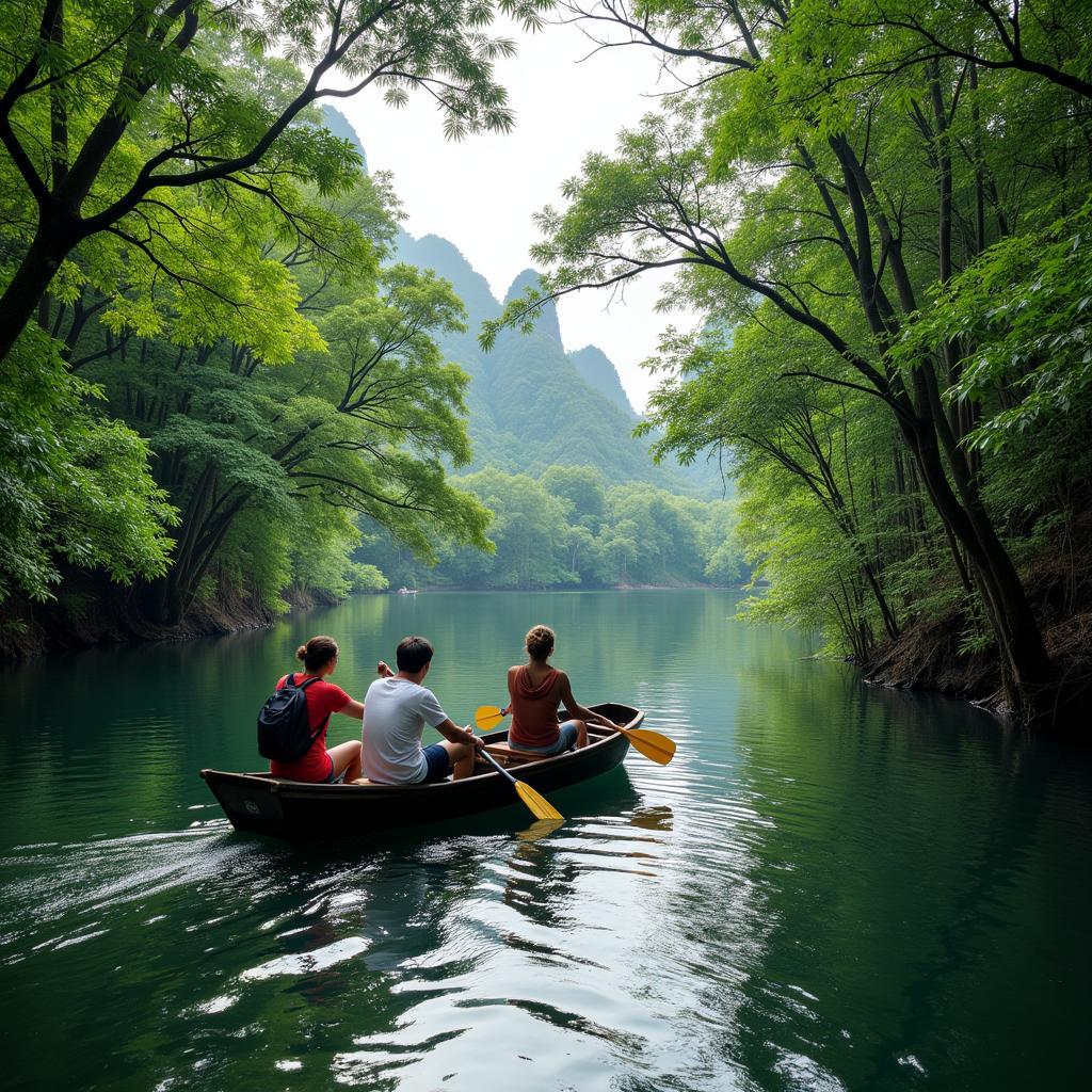 Du khách chèo thuyền len lỏi qua rừng tràm tại khu du lịch Tràm Chim Đồng Tháp.