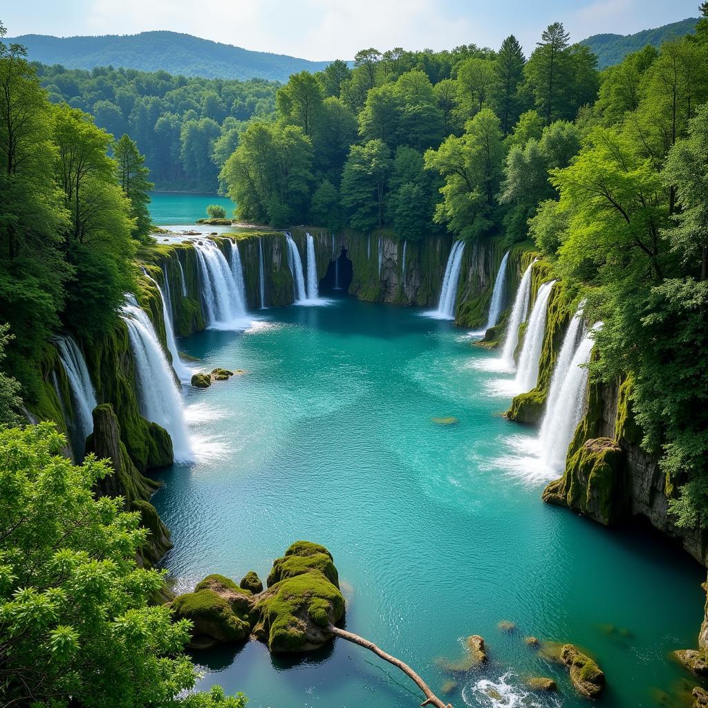 Cảnh quan tuyệt đẹp của Công viên Quốc gia Plitvice Lakes với những thác nước và hồ nước xanh biếc.