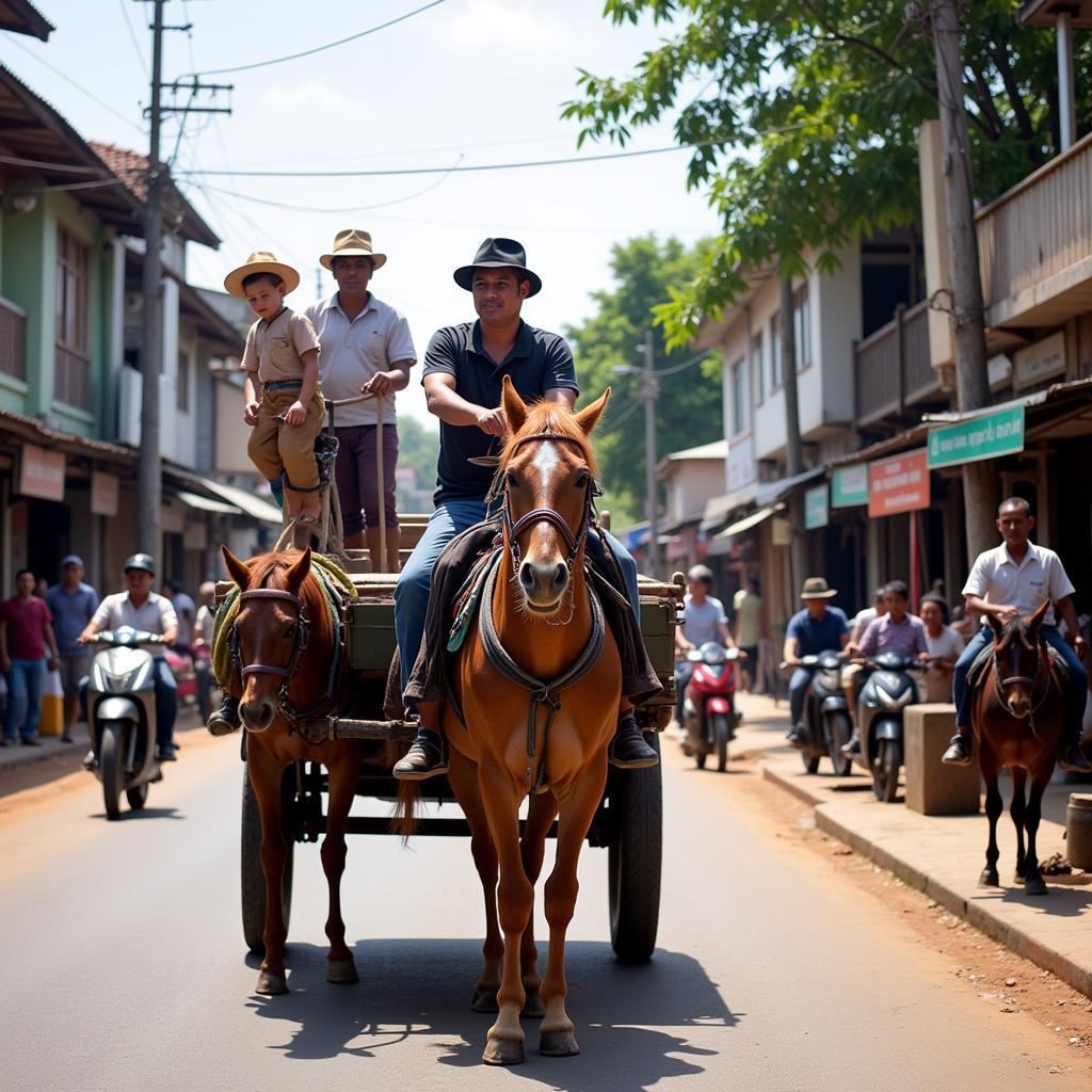 Người dân địa phương di chuyển bằng xe ngựa trên đường phố Myanmar