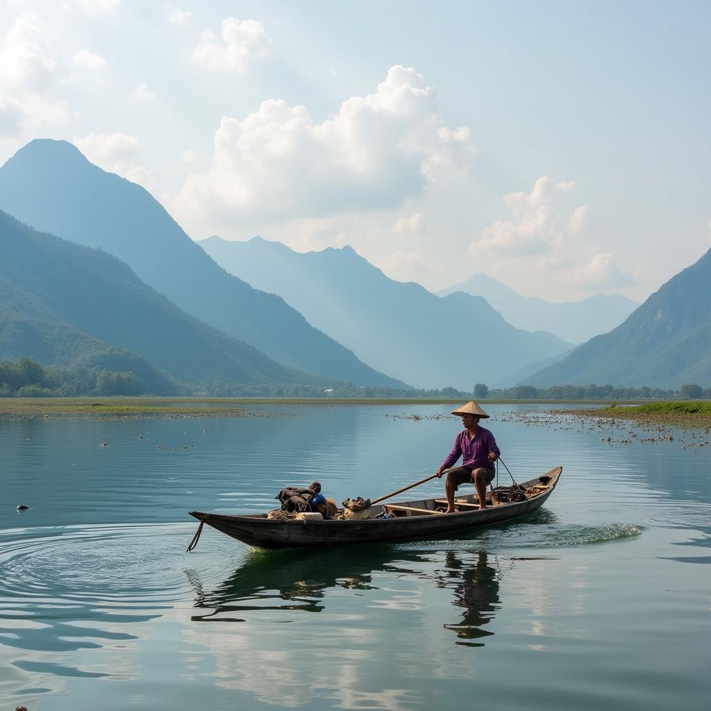 Ngư dân chèo thuyền trên hồ Inle, Myanmar, với phong cảnh núi non hùng vĩ làm nền.