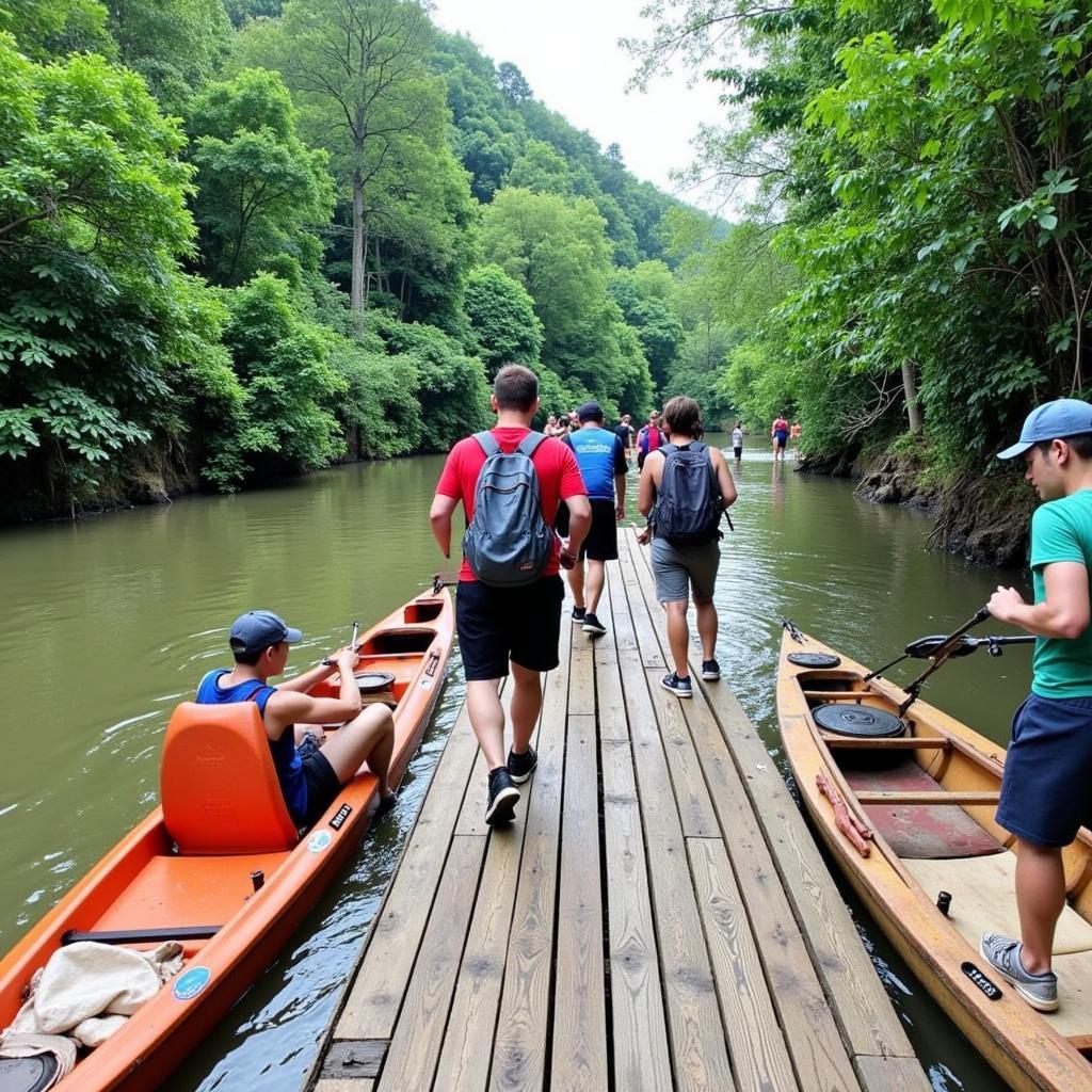 Du khách tham gia các hoạt động du lịch tại Con Cuông như trekking, chèo thuyền kayak, tham quan bản làng.