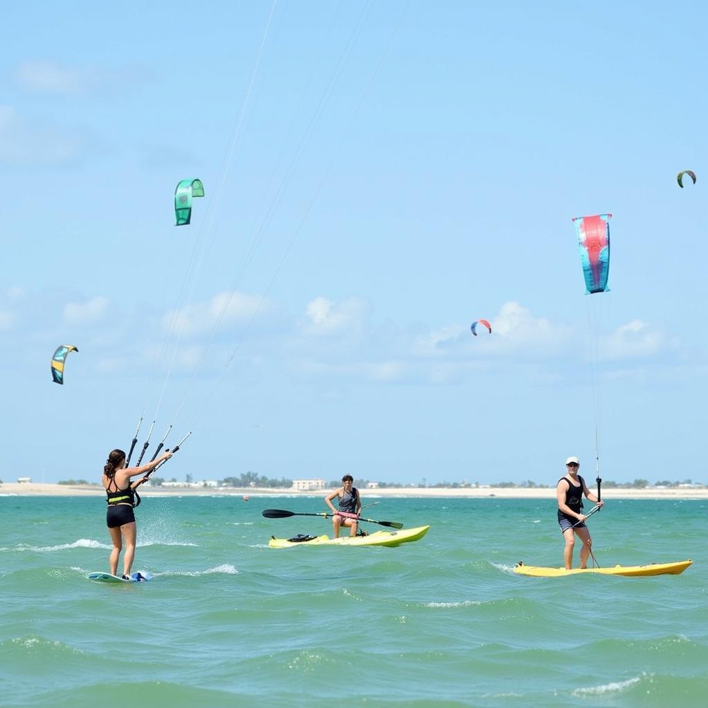 Du khách tham gia các hoạt động thể thao biển tại Mũi Né như lướt ván diều và chèo thuyền kayak.