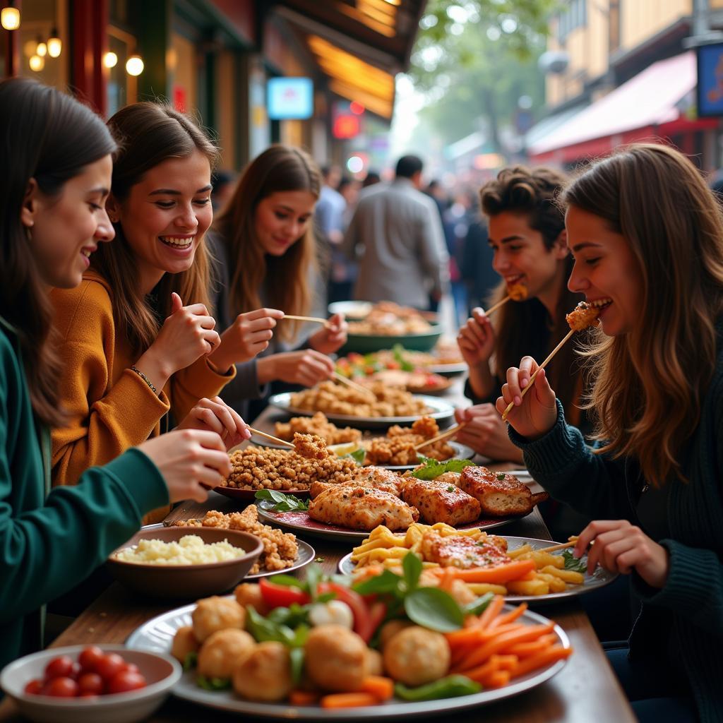 Tourists enjoying street food delicacies