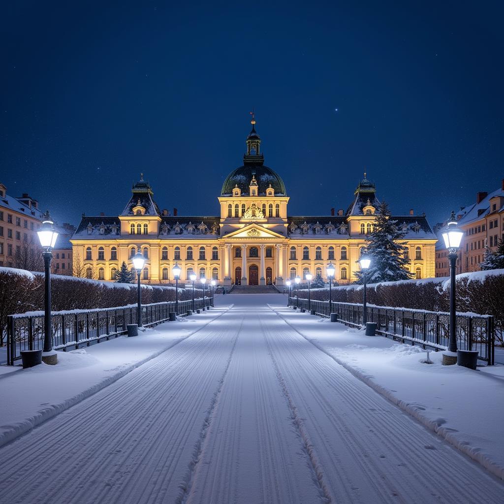 Vienna mùa đông: Cung điện Hofburg phủ đầy tuyết trắng, lung linh trong ánh đèn đêm.